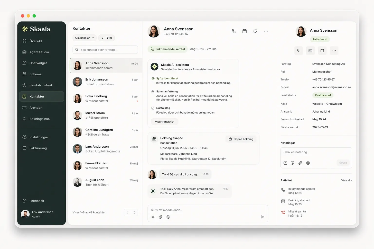 The Skaala dashboard: contacts, an AI-handled call summary, a created booking and a CRM note in a single view.