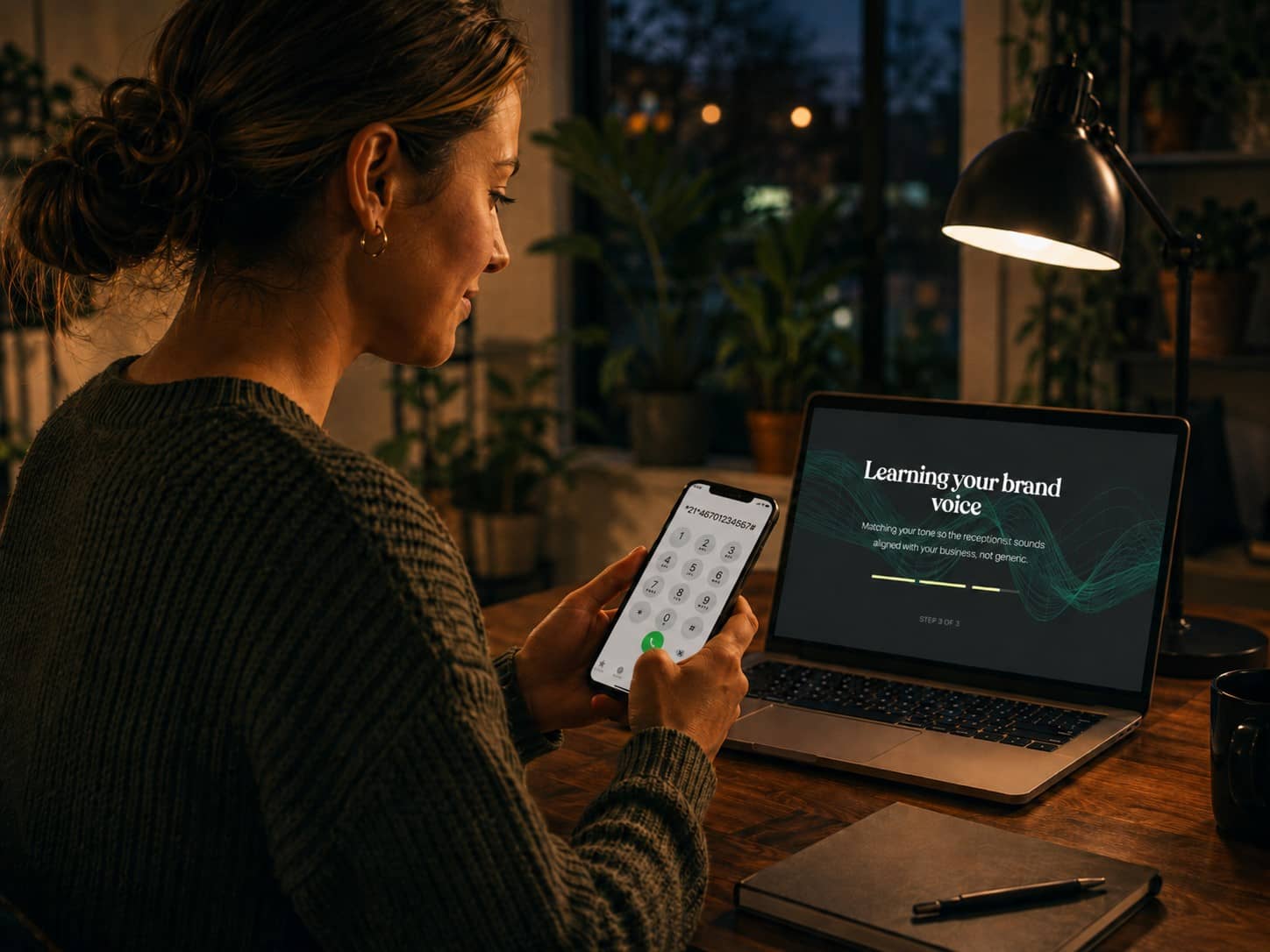 Småföretagare som slår vidarekopplingskoden på telefonen för att skicka inkommande samtal till sin Skaala AI Receptionist