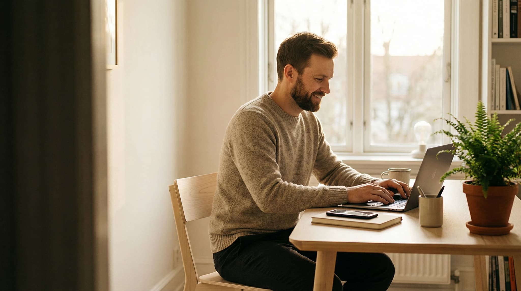 Relaxed business owner at Scandinavian workspace with laptop