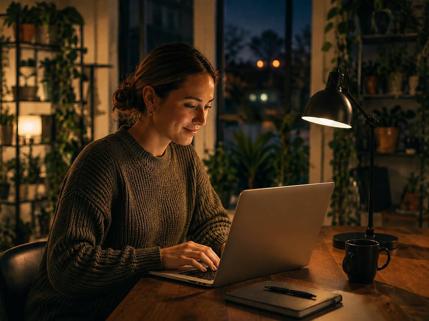 Small business owner setting up her Skaala AI receptionist on her laptop in the evening